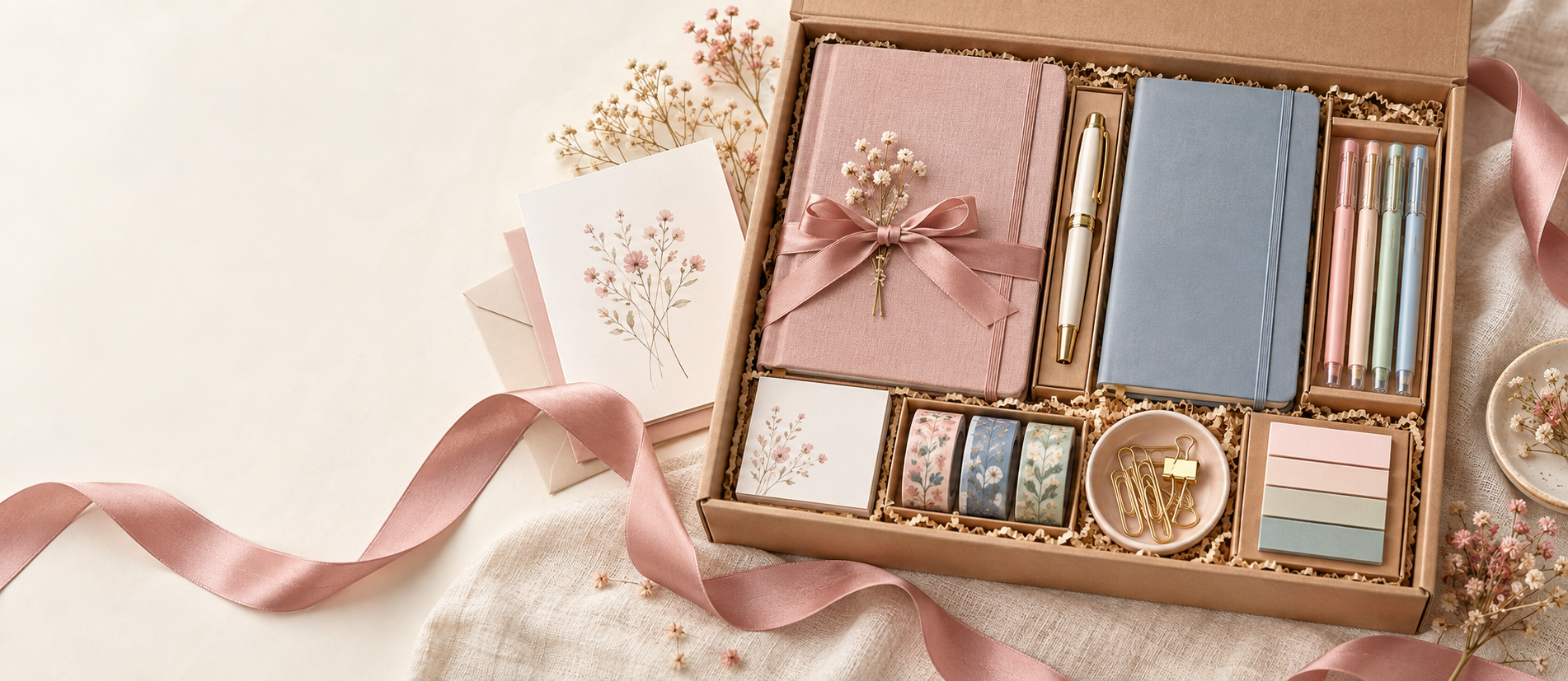 Premium stationery gift box with journals, pens, washi tape, and cards